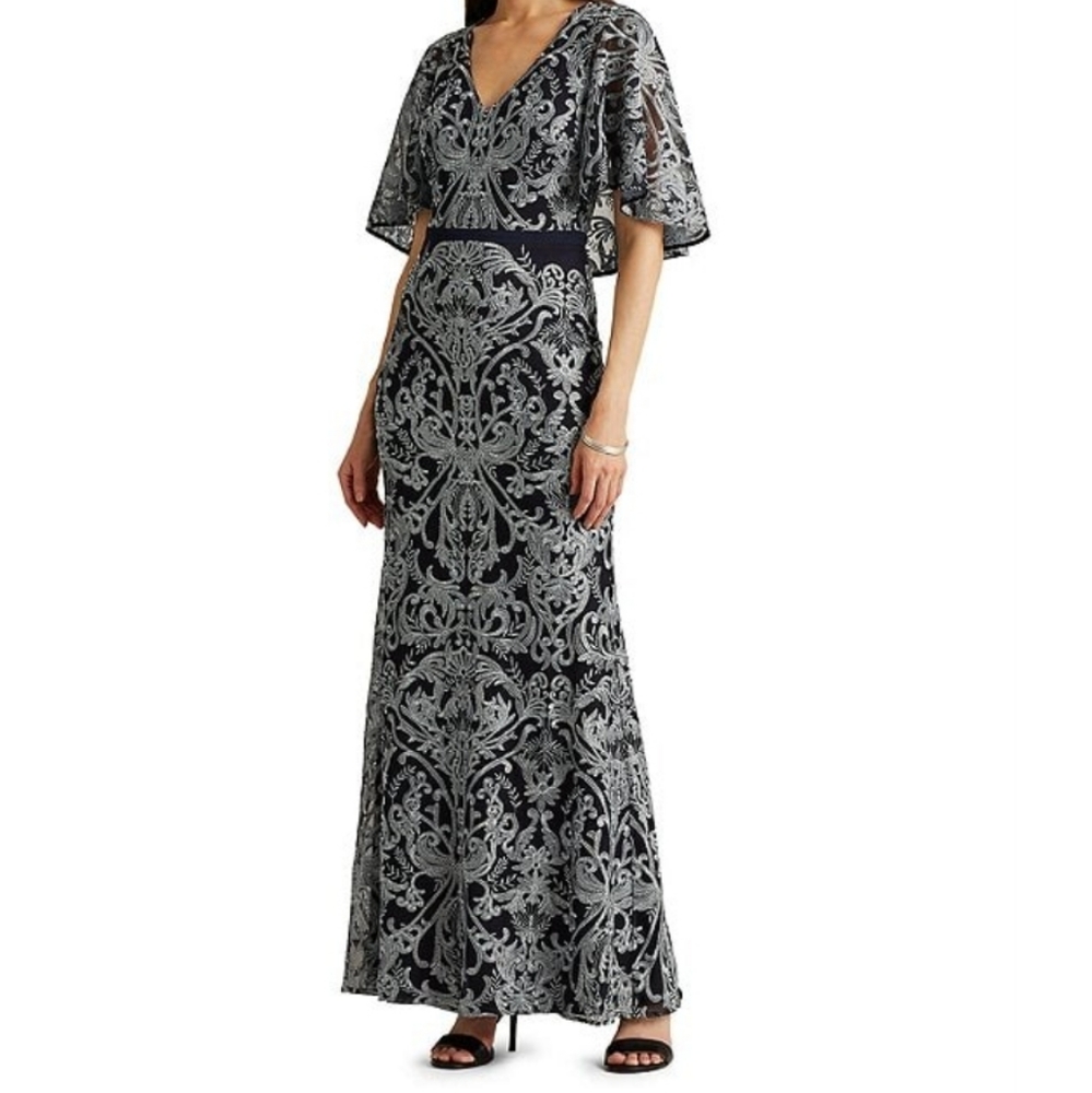 Lauren Ralph Lauren Short Sleeve V-Neck Embroidered Cape Back Gown Size …